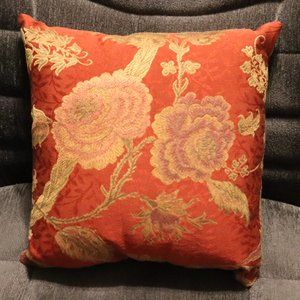 Floral Design Pillow Red, Gold, Green, Pink Fabric Colors 9 3/4" x 9 3/4" x 4"